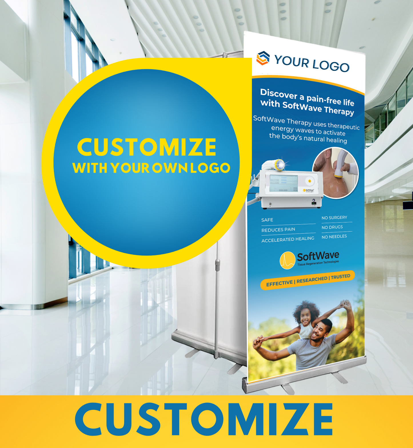 34" x 81" Customizable SoftWave Retractable Banner: Discover a Pain Free Life (Design 1)