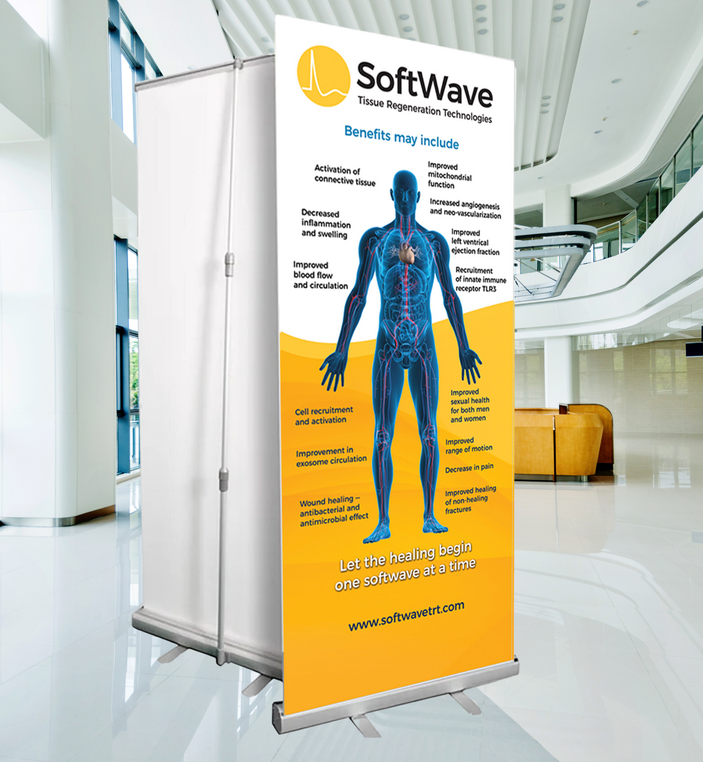 34" x 81" SoftWave Retractable Banner: Softwave Benefits Body Visual