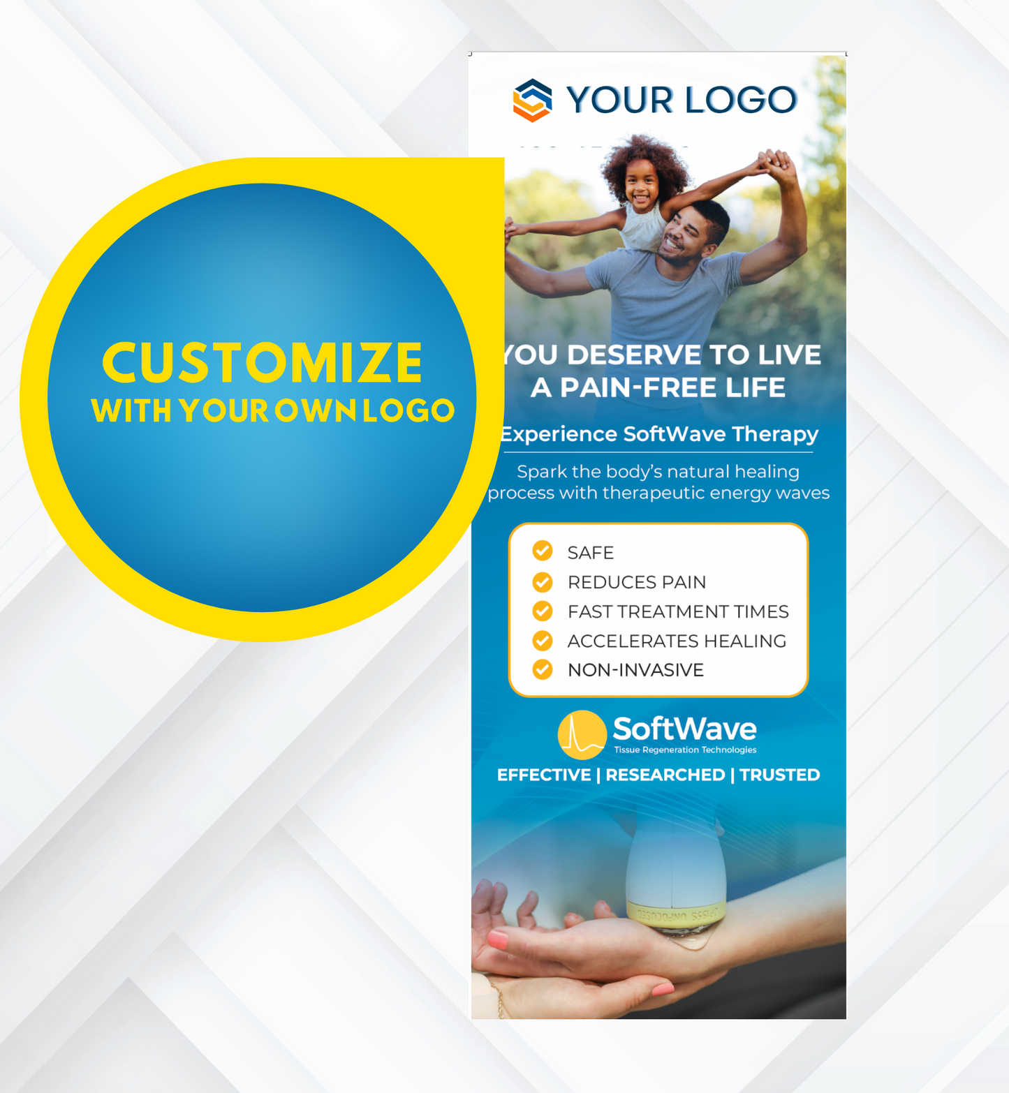 34" x 81" Customizable SoftWave Retractable Banner: You Deserve to Live a Pain-Free Life (Design 2)