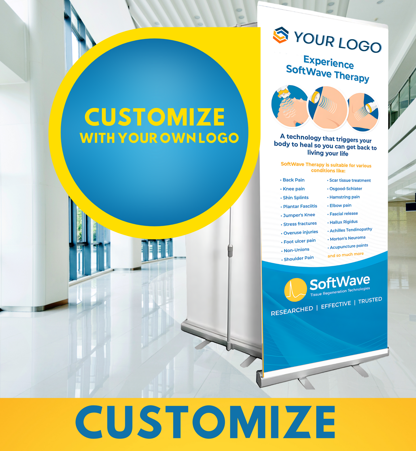 34" x 81" Customizable SoftWave Retractable Banner: Experience SoftWave Therapy (Design 4)