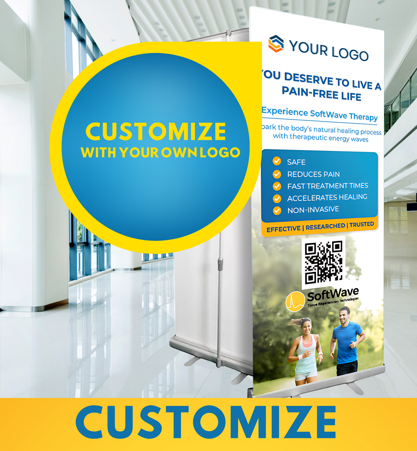 34" x 81" Customizable SoftWave Retractable Banner: You Deserve to Live a Pain-Free Life (Design 1)